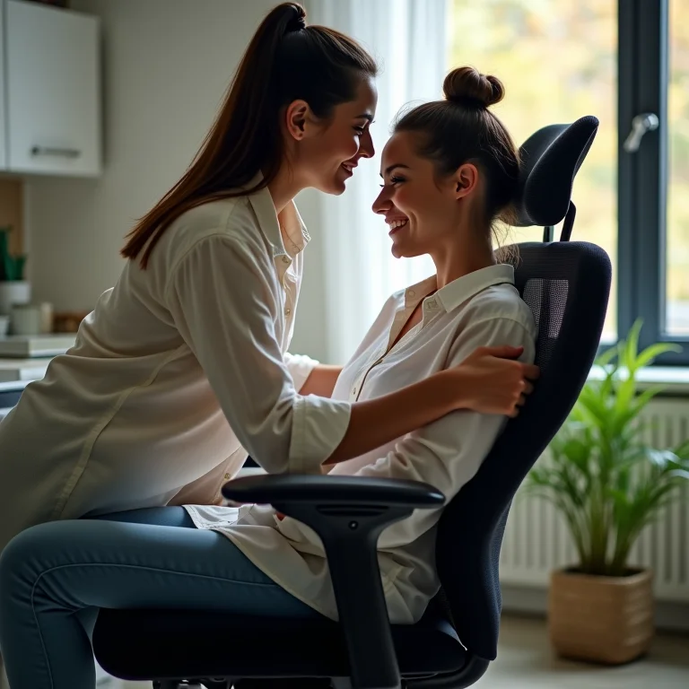 Mulher latina ajustando o ângulo do encosto da cadeira