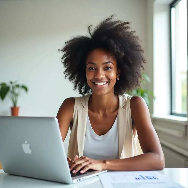 Mulher latina apresentando dados em um laptop.