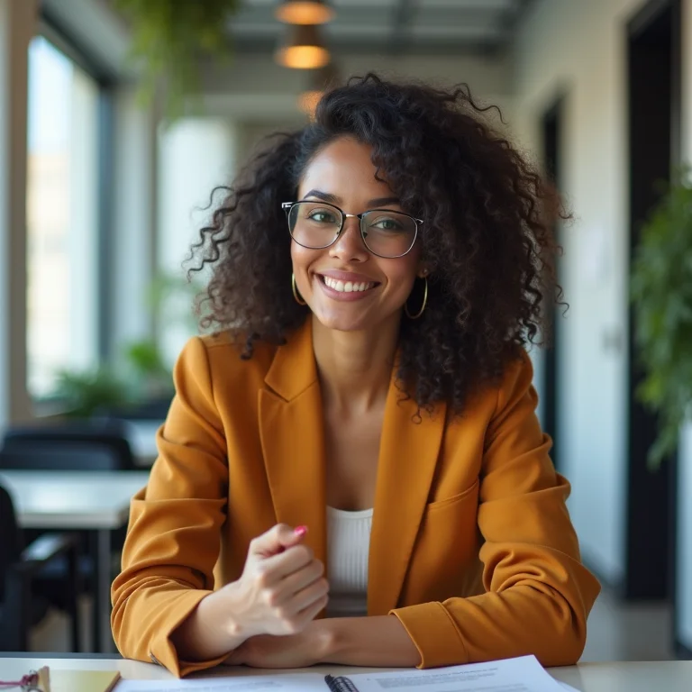Mulher latina apresentando pitch pessoal em escritório