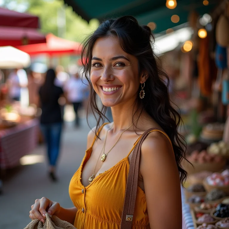 Mulher latina apresentando seus produtos artesanais.