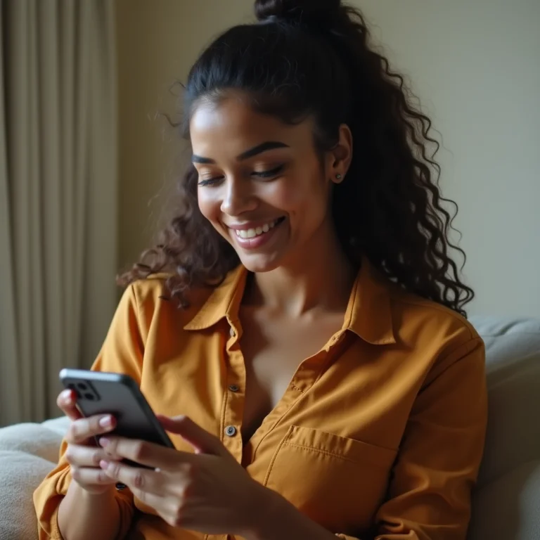 Mulher latina checando aplicativo de orçamento