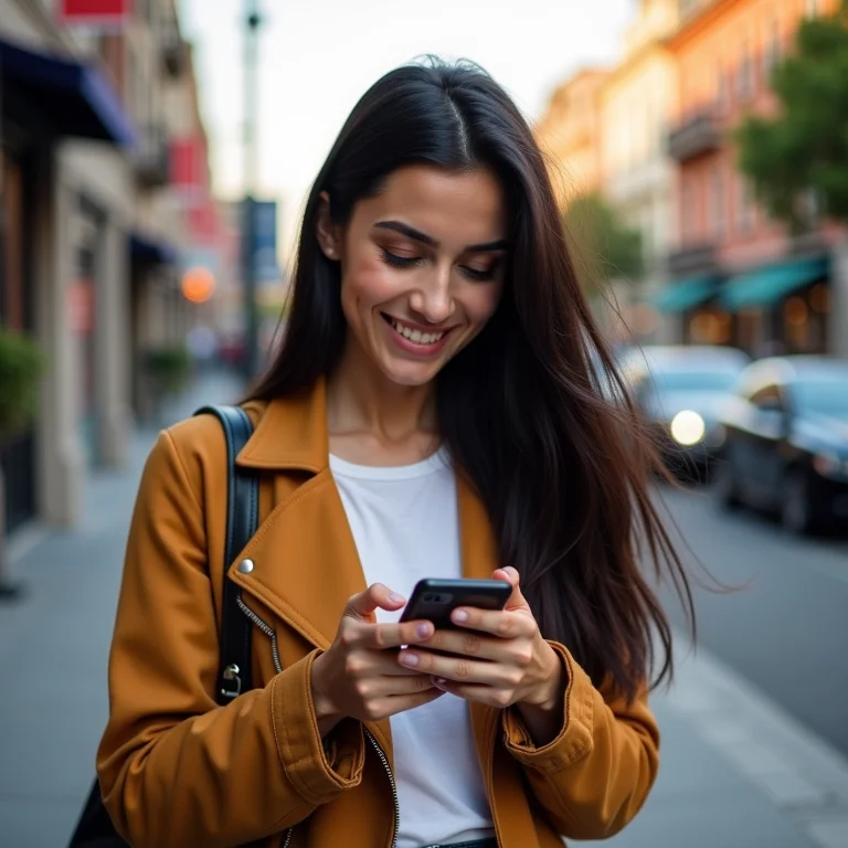 Mulher latina checando resultados de futebol no celular