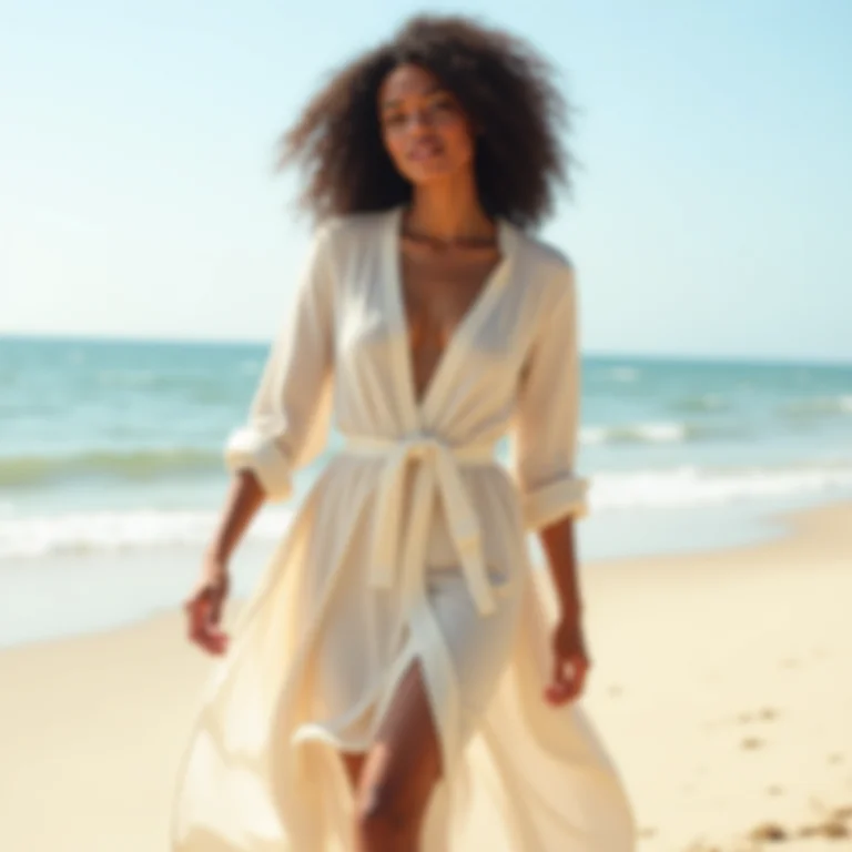 Mulher latina com vestido de verão e sobretudo de linho na praia