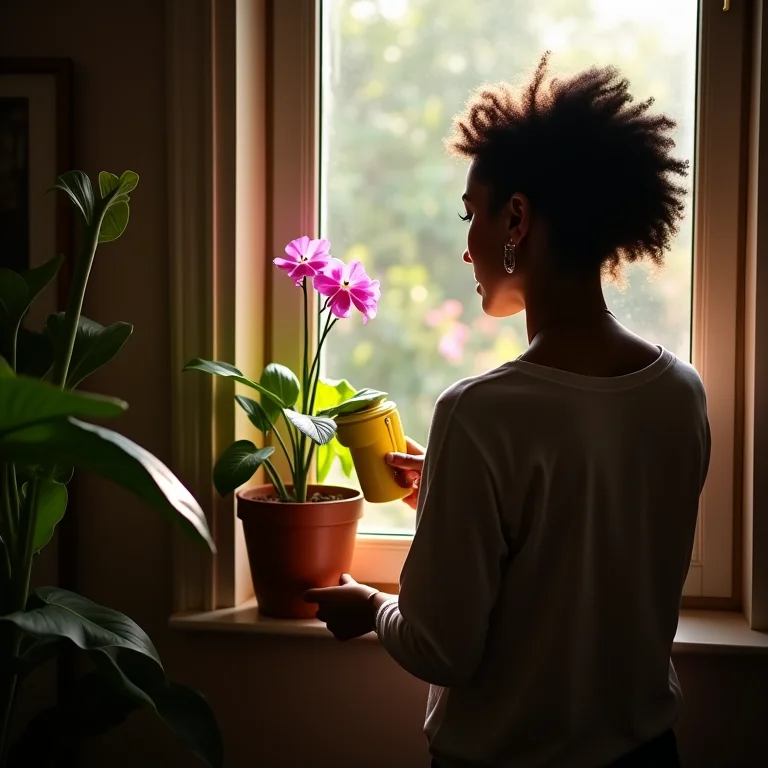 Mulher latina cuidando de uma violeta africana