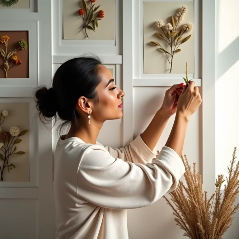 Mulher latina decorando mural de fotos