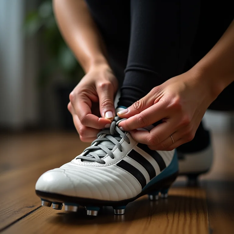 Mulher latina demonstrando técnica de nó infalível em chuteira.