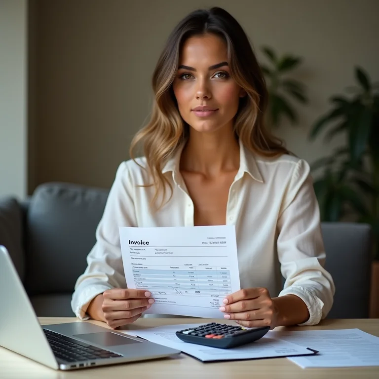 Mulher latina emitindo uma fatura pró-forma para importação.