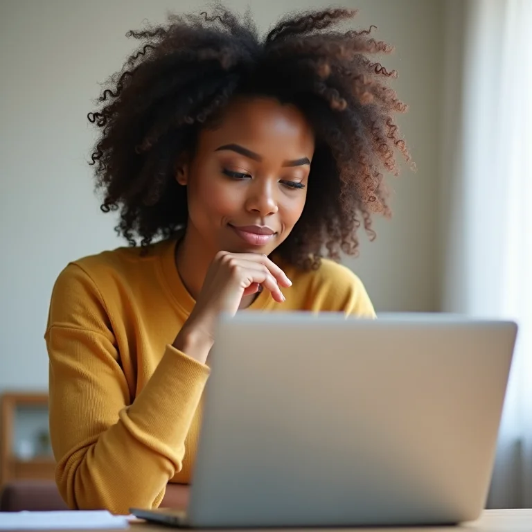 Mulher latina lendo reviews de um site no laptop