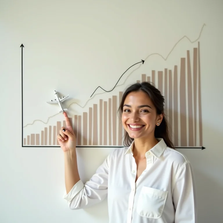 Mulher latina mostrando gráfico de crescimento de milhas