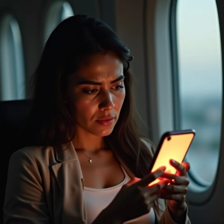 Mulher latina olhando para um celular com notificação de cancelamento de voo.