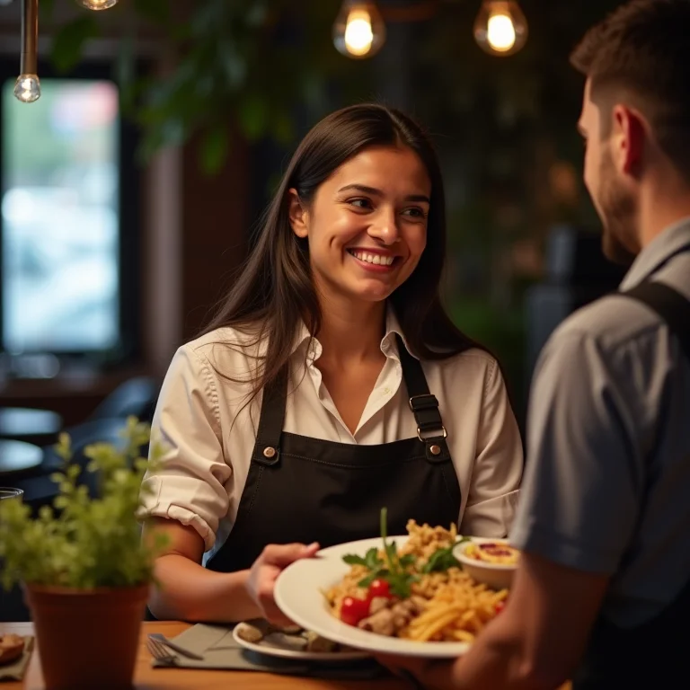 Mulher latina perguntando sobre ingredientes em restaurante