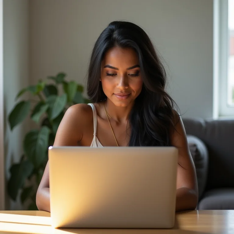Mulher latina praticando digitação em um site online