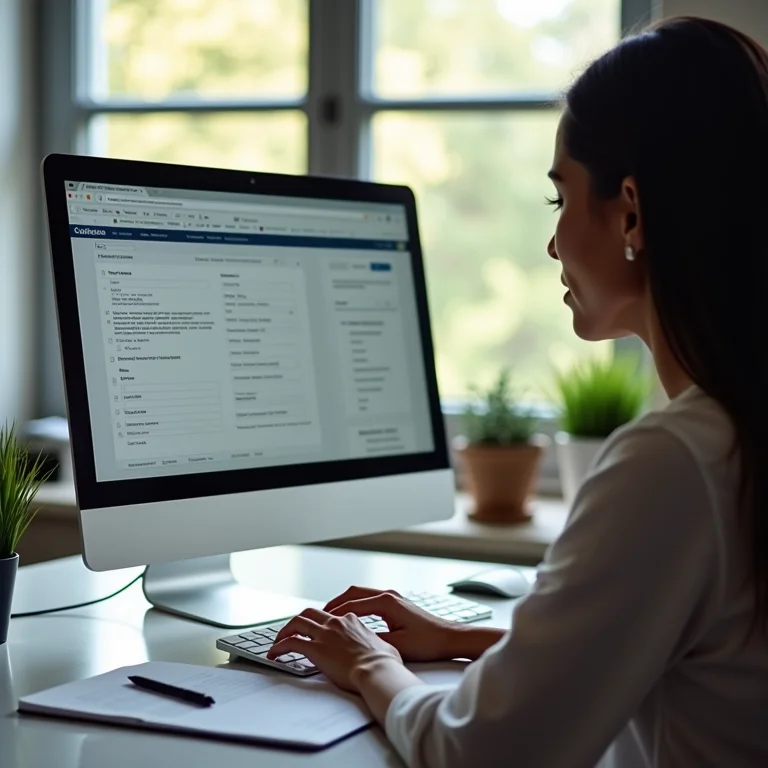 Mulher latina preenchendo a Declaração de Baixa no computador