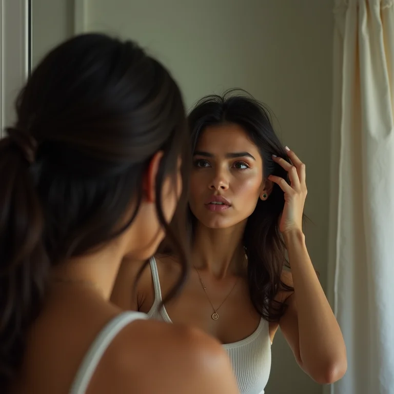 Mulher latina preocupada com as consequências da oleosidade excessiva no cabelo