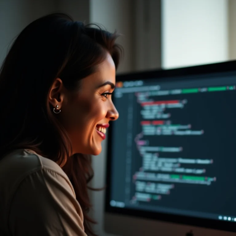 Mulher latina sorrindo ao identificar o nome do computador no prompt de comando.