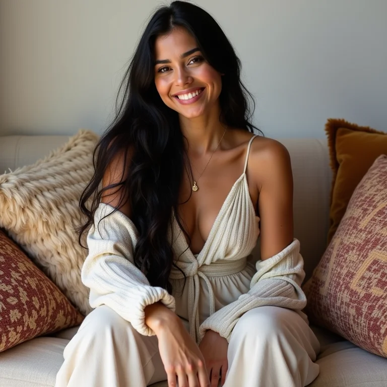 Mulher latina sorrindo em um sofá boho com almofadas sem costura.