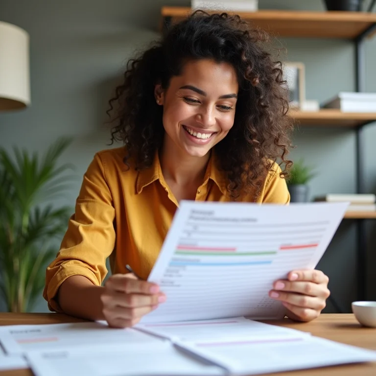 Mulher latina sorrindo enquanto planeja suas finanças com a planilha impressa.