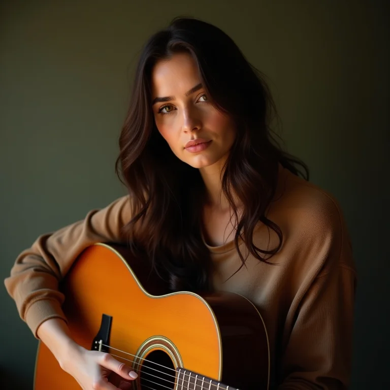 Mulher latina tocando violão em um ambiente acolhedor.