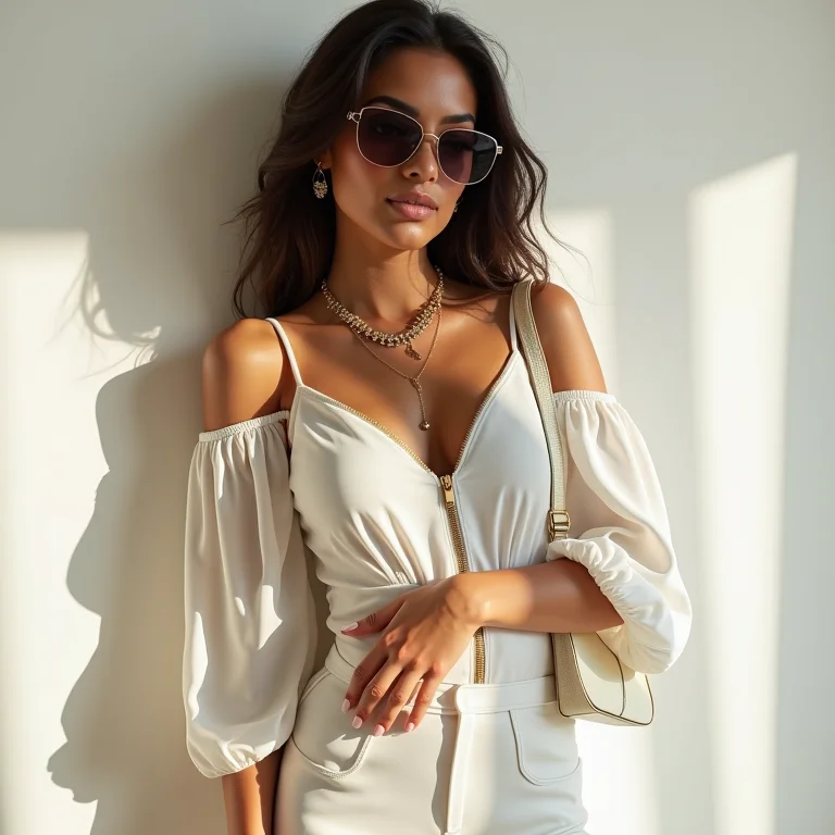 Mulher latina usando acessórios que complementam um look monocromático