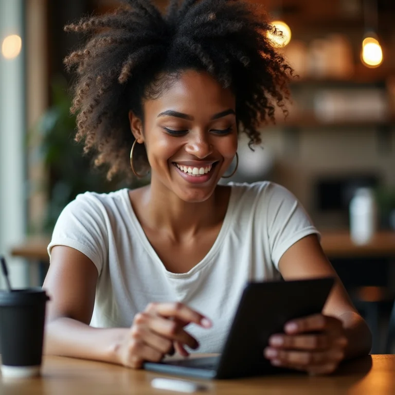 Mulher latina usando plataforma de pagamento segura em um tablet.