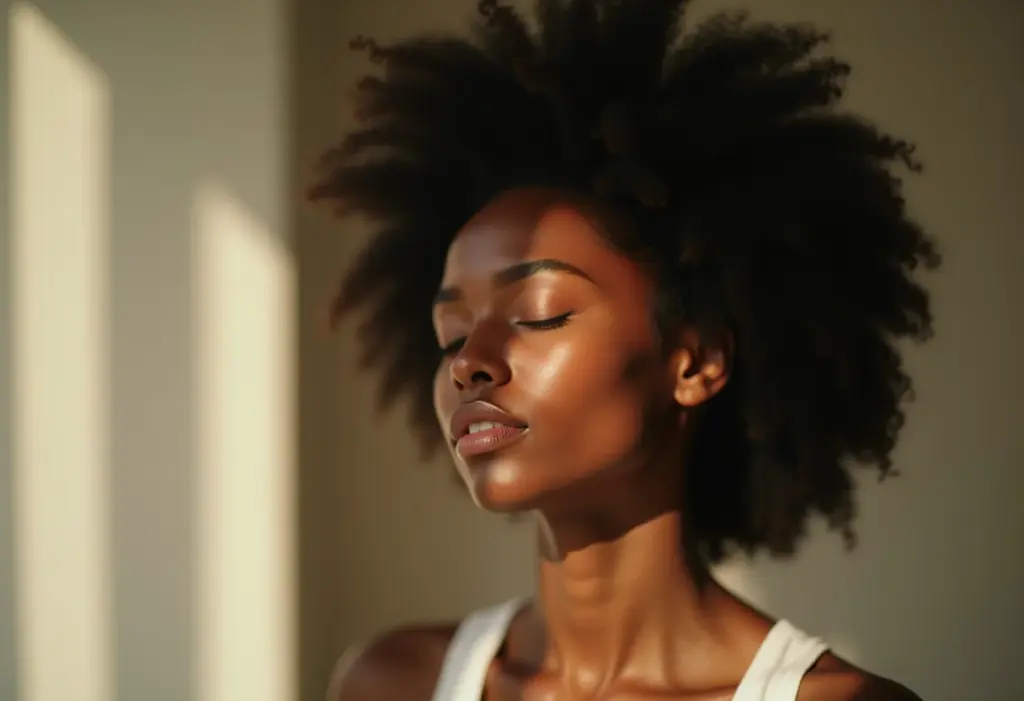 Mulher meditando com expressão serena.