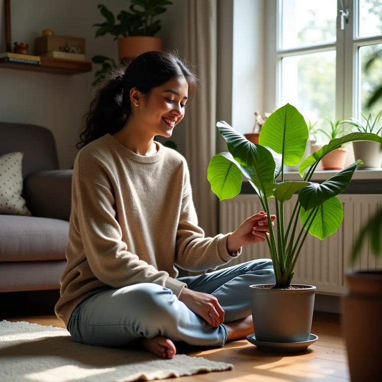 Mulher mid-size admirando sua Zamioculcas