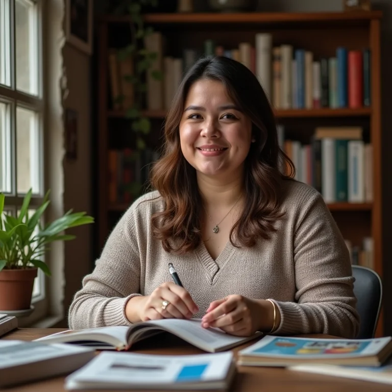 Mulher mid-size analisando público-alvo em biblioteca