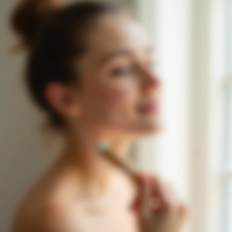 Mulher mid-size esfoliando o pescoço com uma escova suave