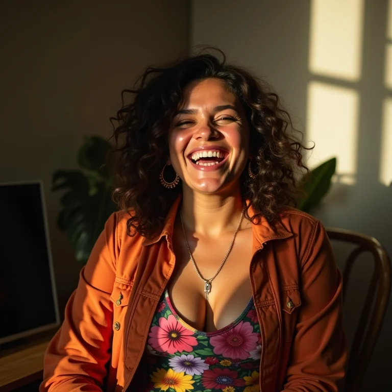 Mulher mid-size rindo em um ambiente com acessórios coloridos