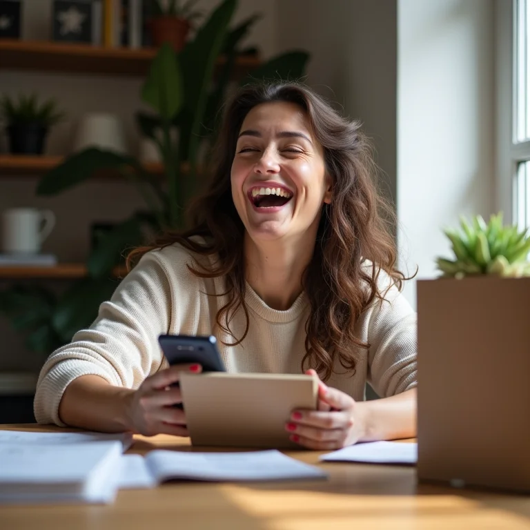 Mulher mid-size rindo enquanto embala pedidos com link de pagamento no celular.