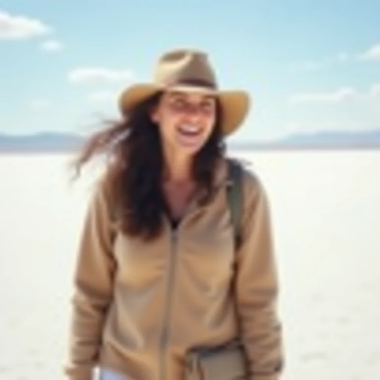 Mulher mid-size rindo enquanto explora o Salar de Uyuni na Bolívia