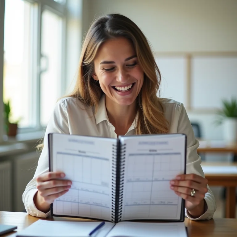 Mulher mid-size sorrindo ao analisar seu planejamento bem-sucedido