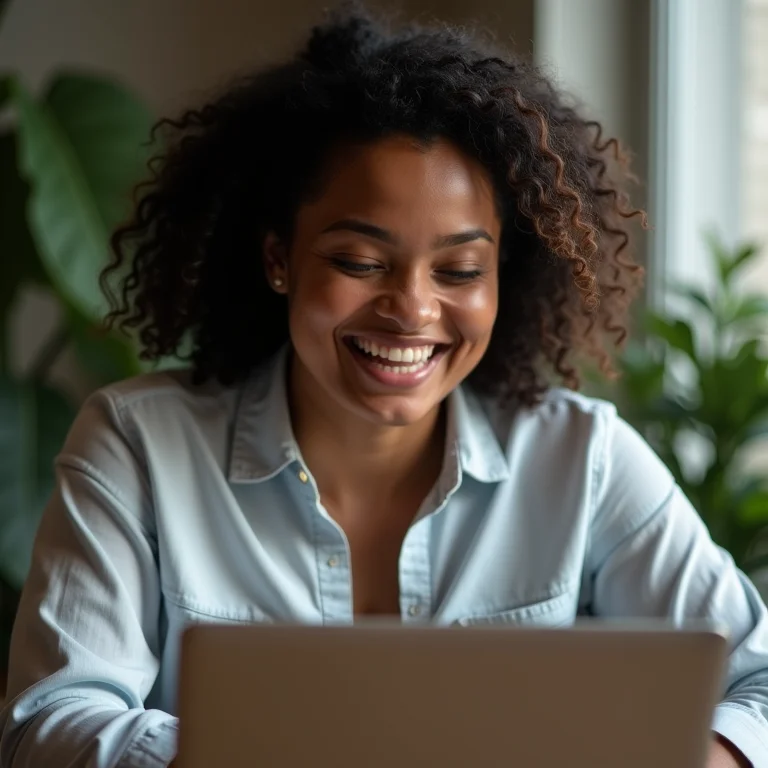 Mulher mid-size sorrindo enquanto usa um laptop mostrando uma visualização de rede descentralizada, representando o consenso distribuído.