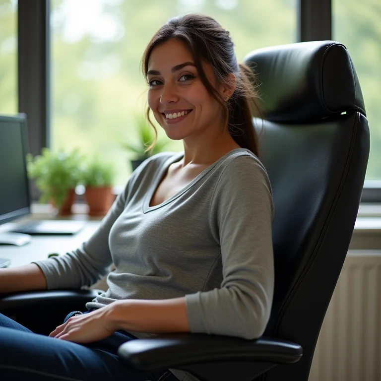 Mulher mid-size usando os apoios de braço da cadeira de escritório