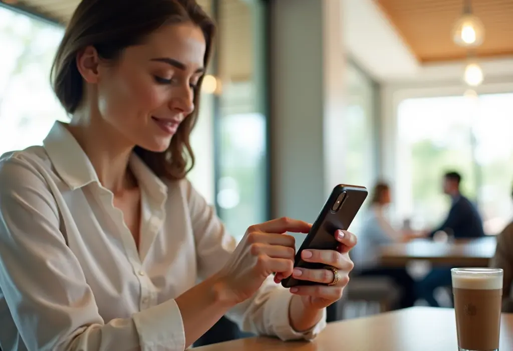 Mulher moderna consultando score de crédito no celular