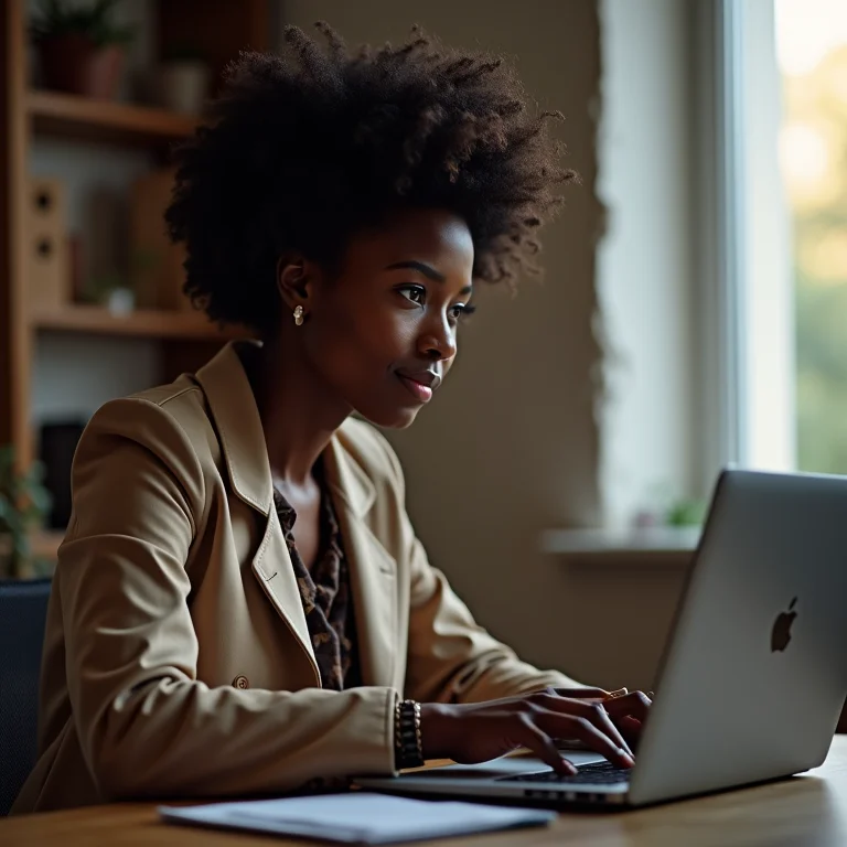 Mulher negra abrindo o Prompt de Comando no laptop.
