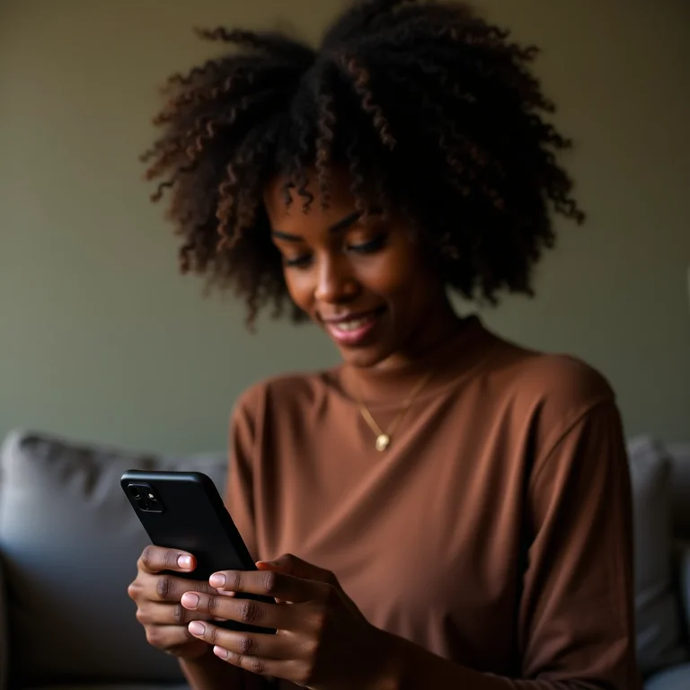 Mulher negra acessando backup do Google Drive no celular