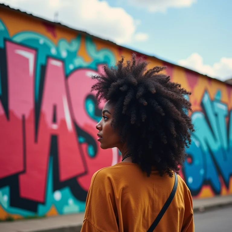 Mulher negra admirando mural de grafite
