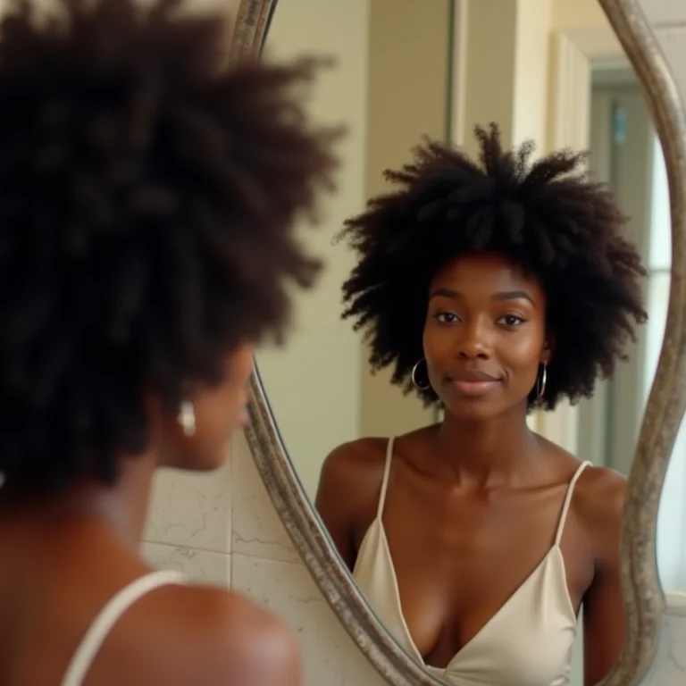 Mulher negra admirando-se em um espelho estiloso no lavabo