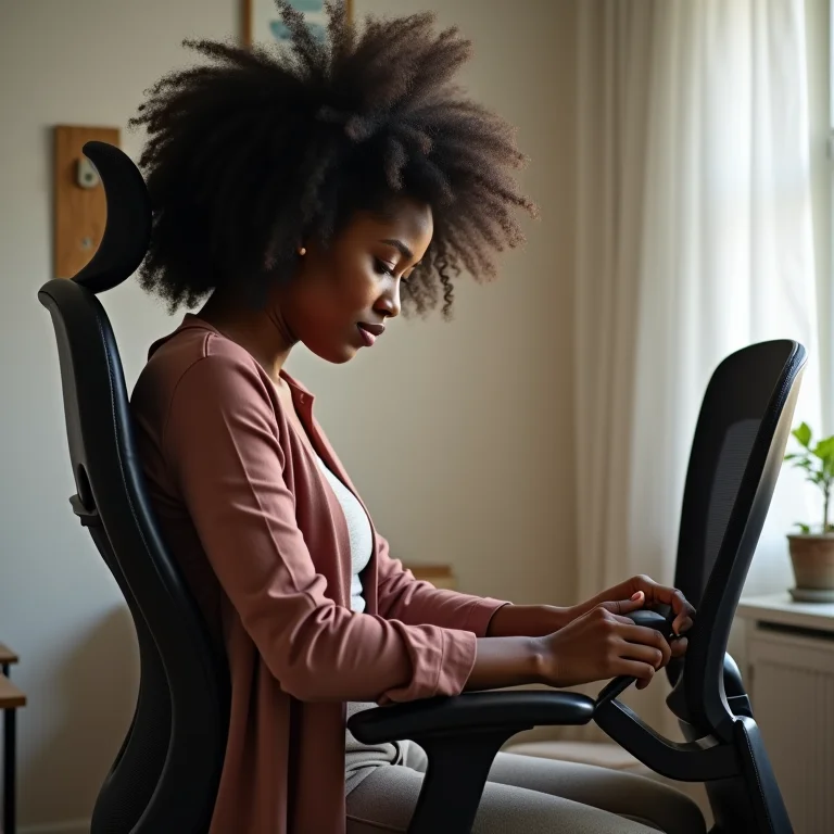Mulher negra ajustando a altura da cadeira de escritório