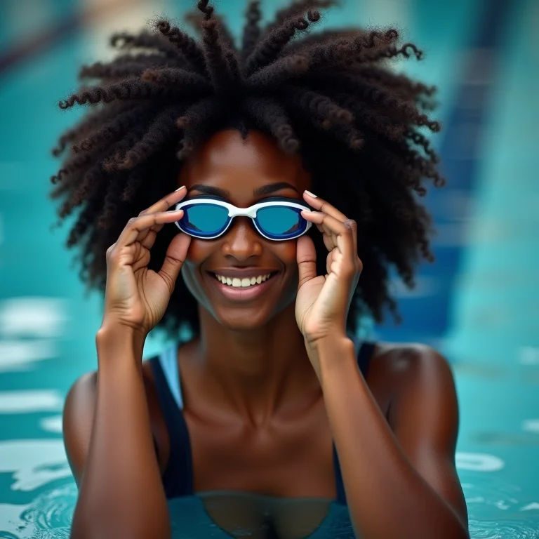 Mulher negra ajustando os óculos de natação antes de entrar na piscina.