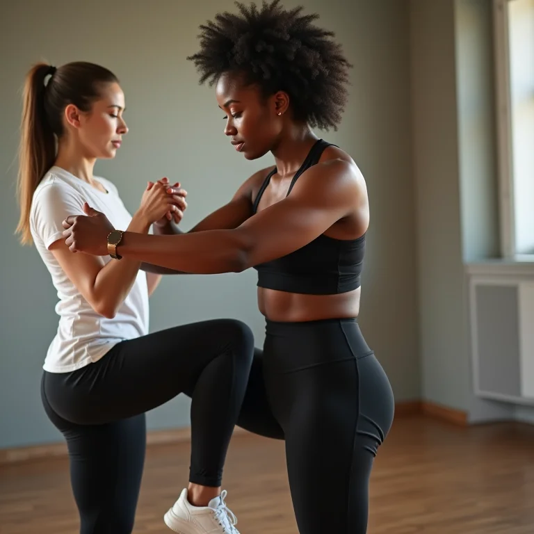 Mulher negra alongando com fisioterapeuta após treino.