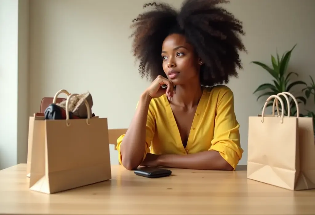 Mulher negra analisando compras e carteira quase vazia