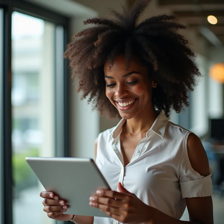 Mulher negra analisando dados de pesquisa de satisfação em tablet