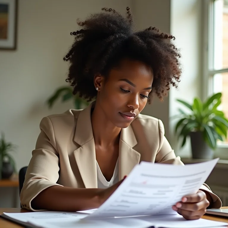 Mulher negra analisando documentos financeiros em escritório ensolarado.