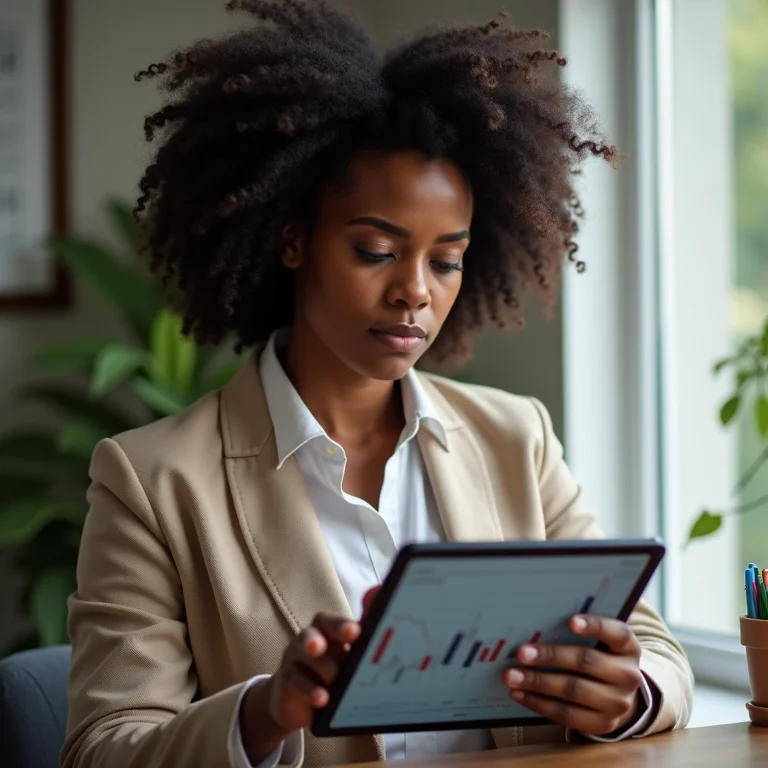 Mulher negra analisando gráfico financeiro