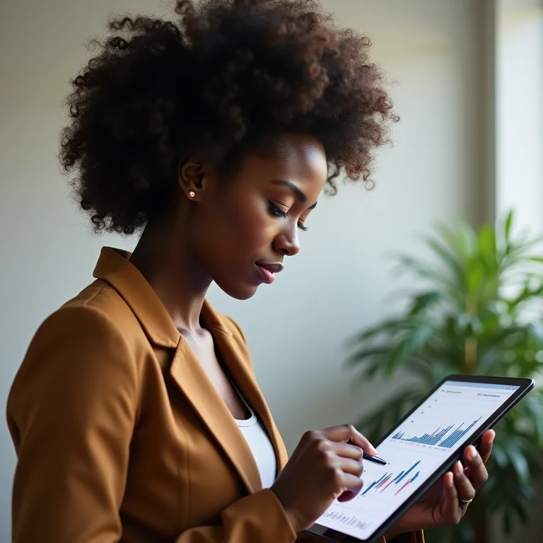 Mulher negra analisando gráfico financeiro