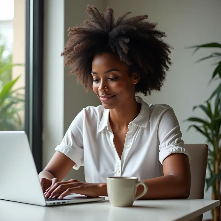 Mulher negra analisando métricas de redes sociais em laptop
