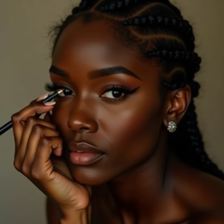 Mulher negra aplicando lápis bege na linha d'água