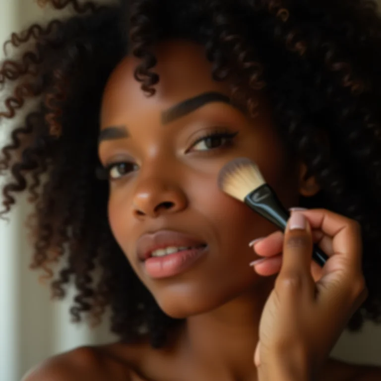 Mulher negra aplicando maquiagem com pincel